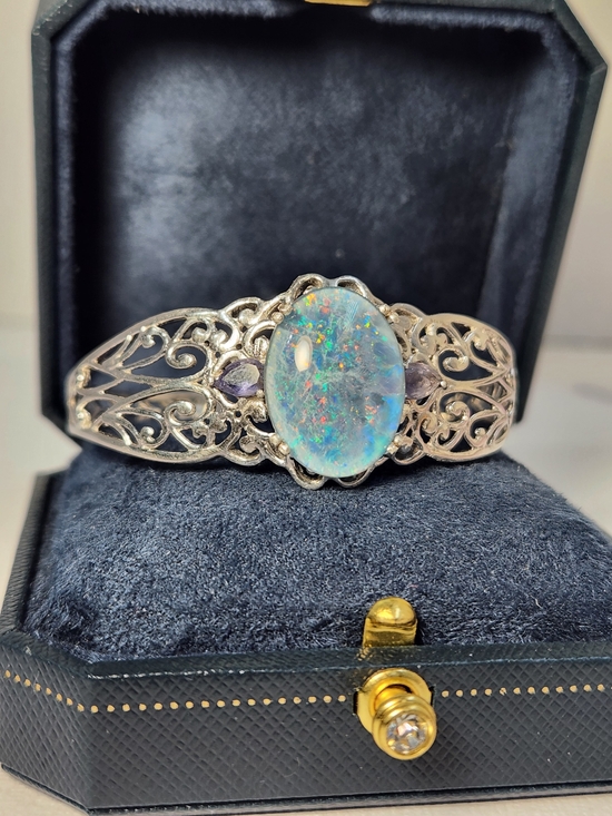 Estate Jewelry - VTG Large Natural Opal & Amethyst 925 Filigree Cuff Btacelet